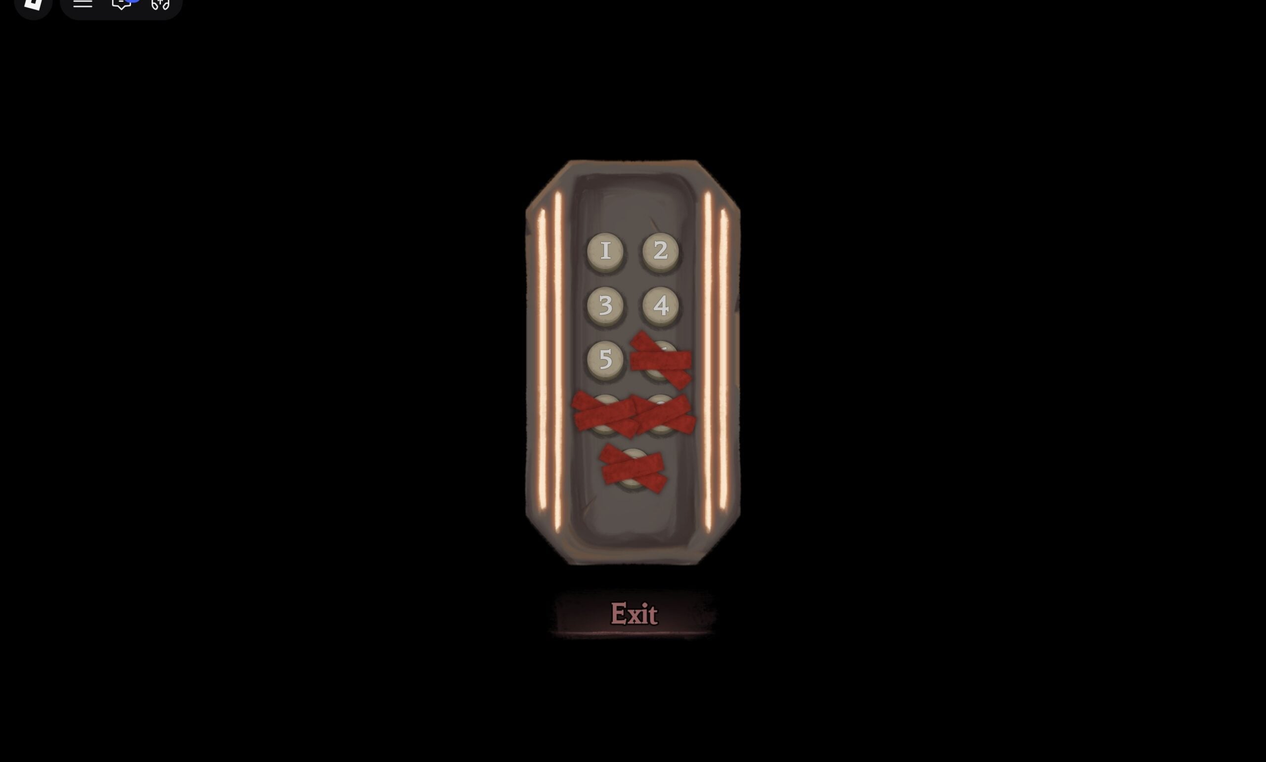 The Hollow elevator panel with buttons 1 to 5 open and 6 to 9 taped over in red, Exit button below