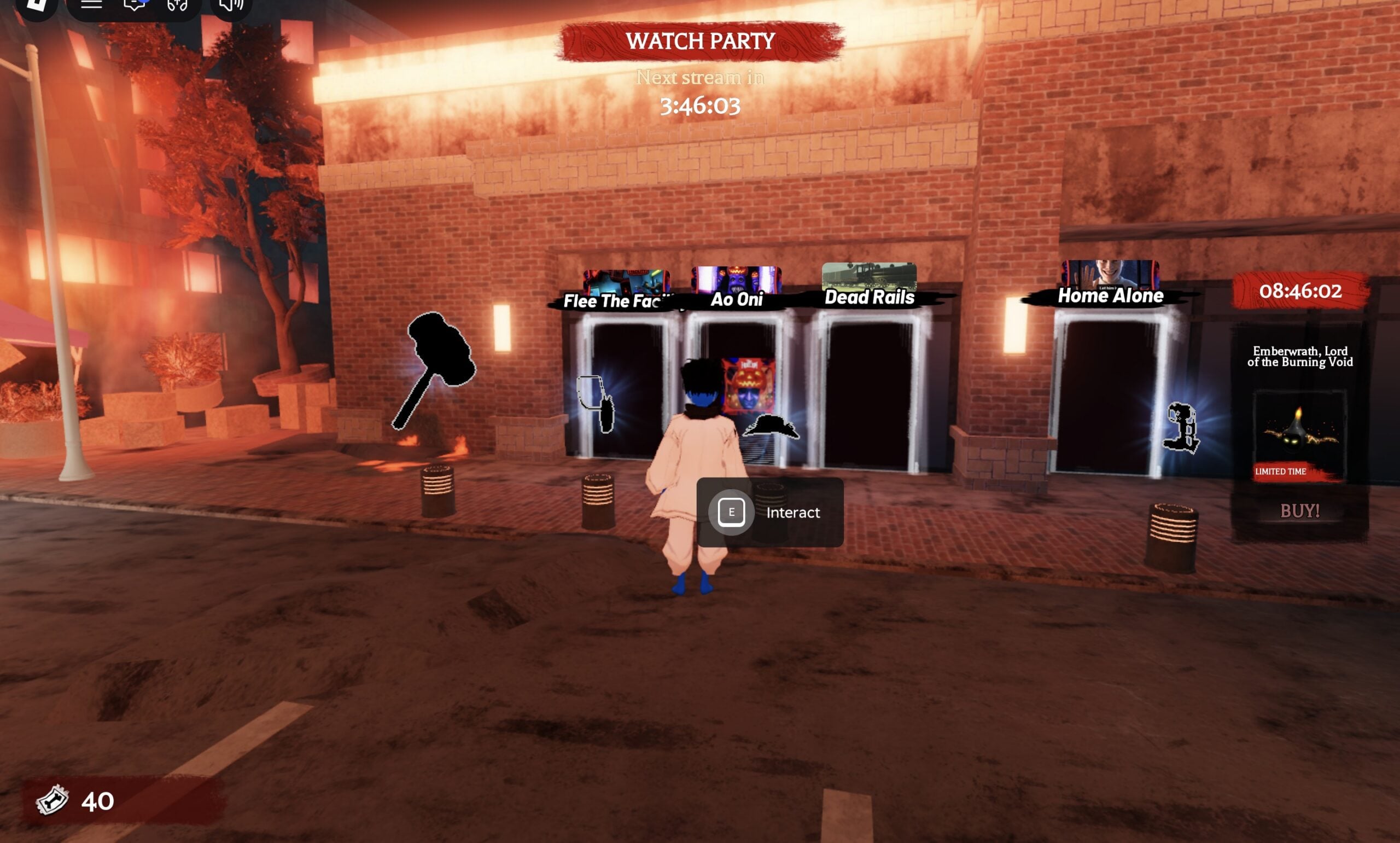 Flee The Facility, Ao Oni, Dead Rails and Home Alone doors in The Hollow hub with a hammer, satchel, hat and rig silhouette floating beside them