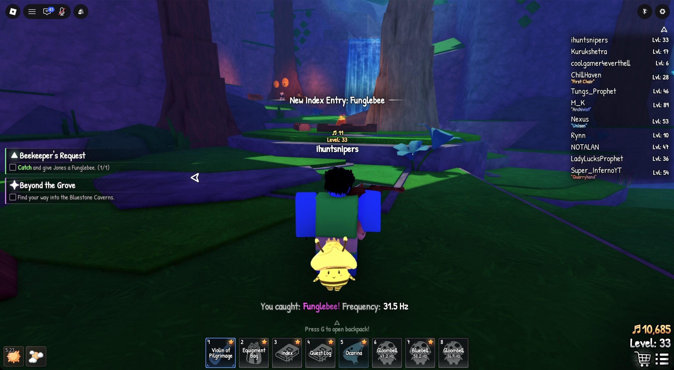 You caught: Funglebee! Frequency: 31.5 Hz, with the New Index Entry: Funglebee banner, on the grass below Jones's beehives in SCROOMS