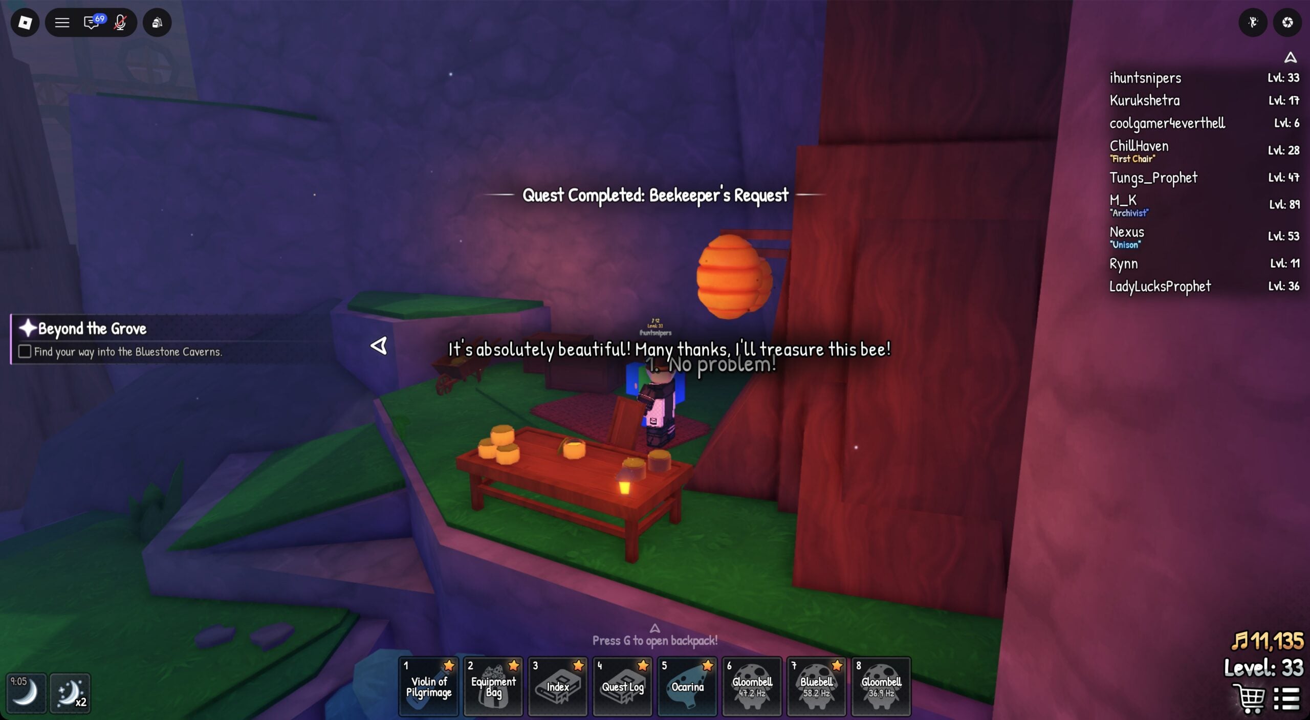 Quest Completed: Beekeeper's Request, with Jones thanking the player for the Funglebee