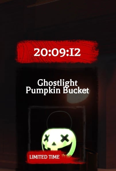 LIMITED TIME card for the Ghostlight Pumpkin Bucket at the edge of The Hollow lobby, with a countdown timer