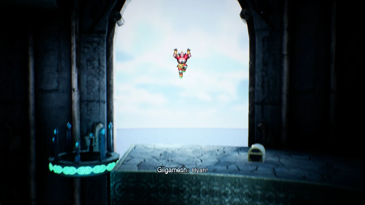 Gilgamesh leaping through a stone archway in Siren's Tower