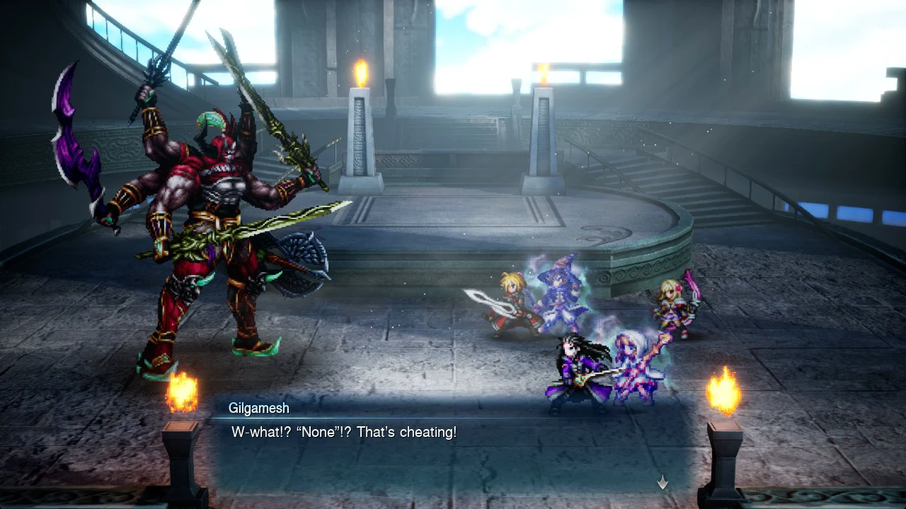 Battle dialogue box with Gilgamesh protesting that Rain has no weakness