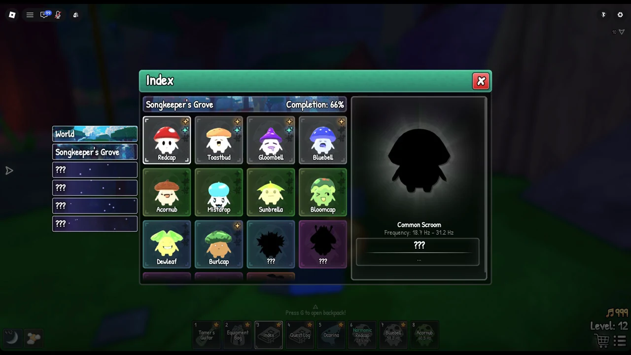 The SCROOMS Index open to Songkeeper's Grove with an undiscovered Common scroom entry selected