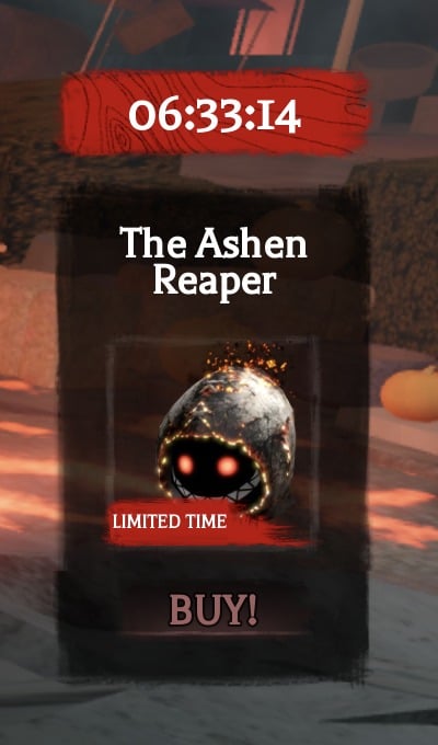 LIMITED TIME card for The Ashen Reaper at the edge of The Hollow lobby screen, with a 06:33:14 countdown and a BUY! button