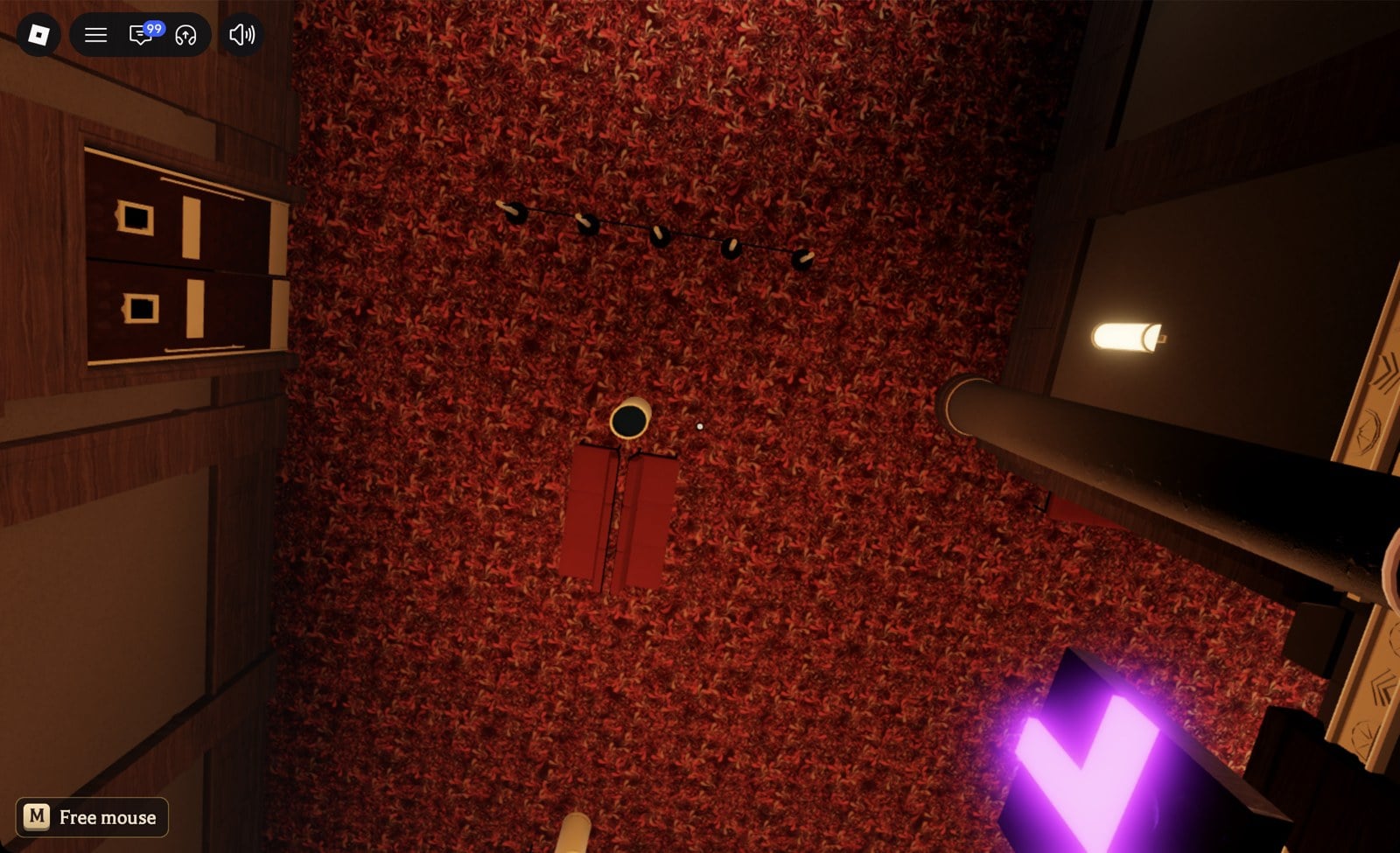 First-person view in the Floor 1 queue-line room right after the pickup, the glowing purple L piece floating by the camera at the bottom right