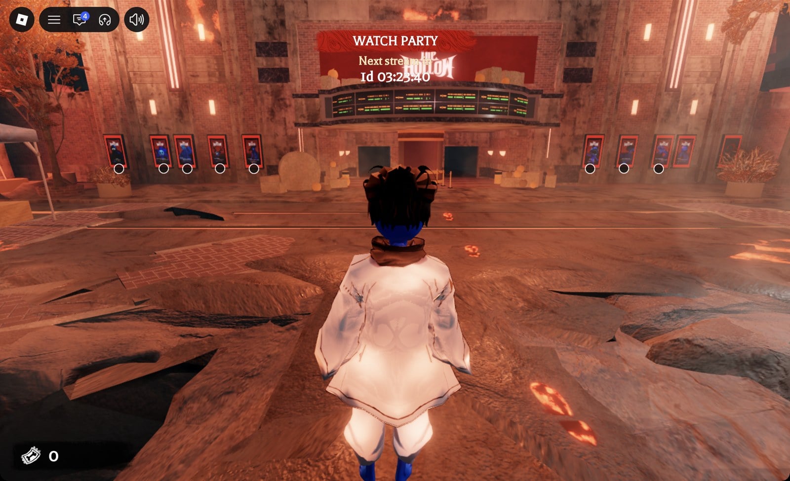 Avatar on the street facing The Hollow cinema front, glowing footprints on the ground leading to the doors