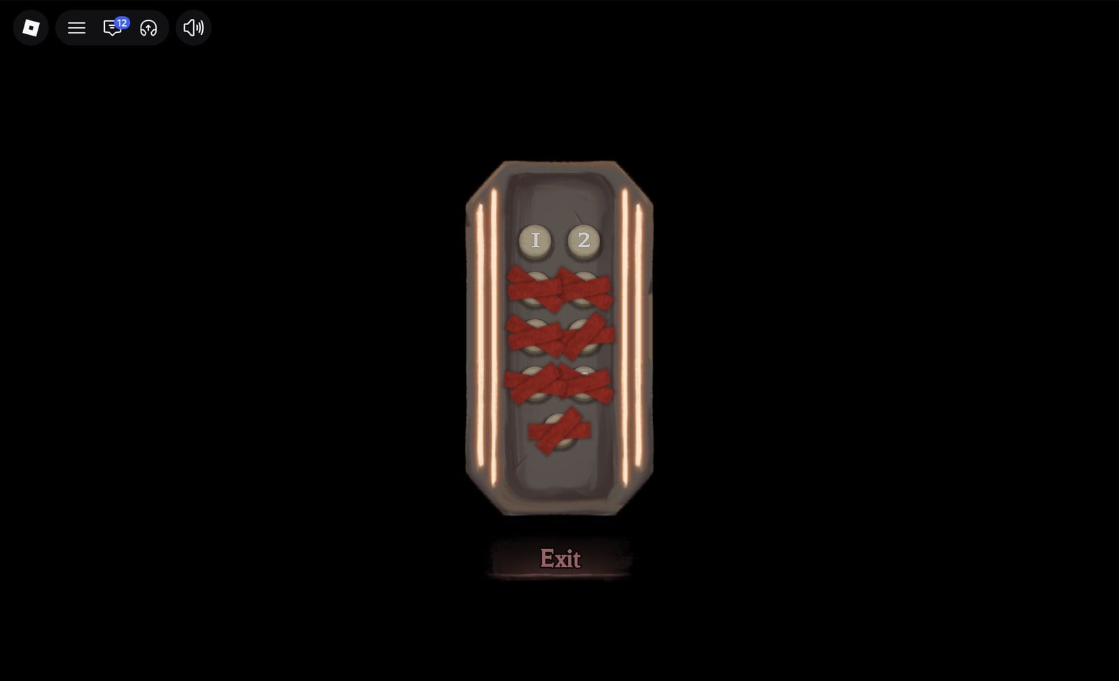 The Hollow elevator panel with buttons 1 and 2, the other buttons taped over in red, and an Exit button