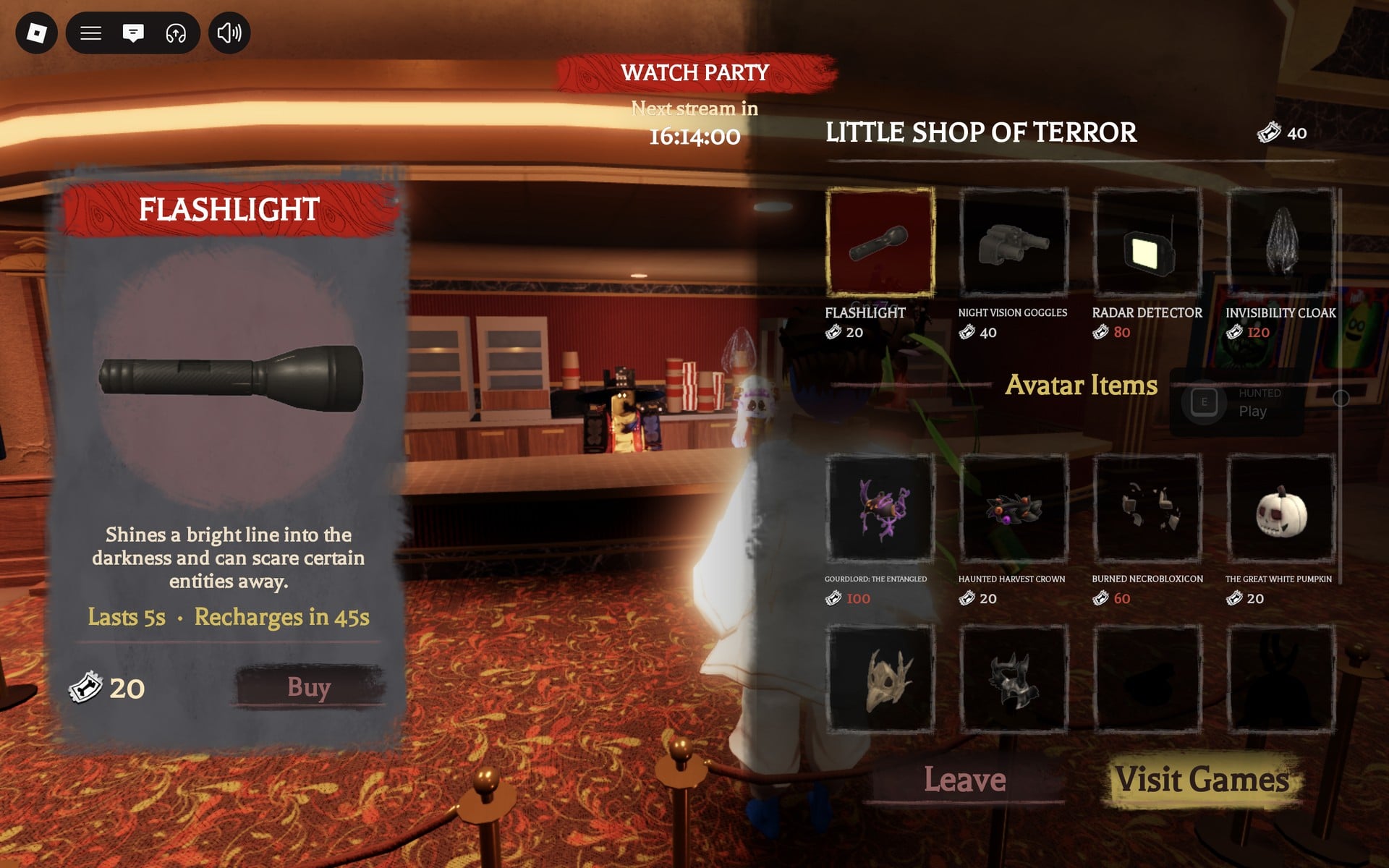 FLASHLIGHT card in the LITTLE SHOP OF TERROR: 20 tickets, Lasts 5s, Recharges in 45s, with a Buy button