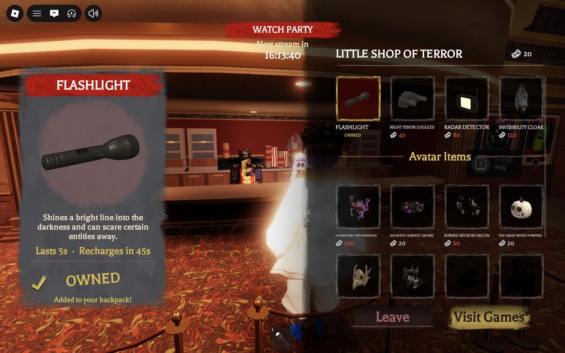 FLASHLIGHT card reading OWNED and Added to your backpack, ticket balance 20