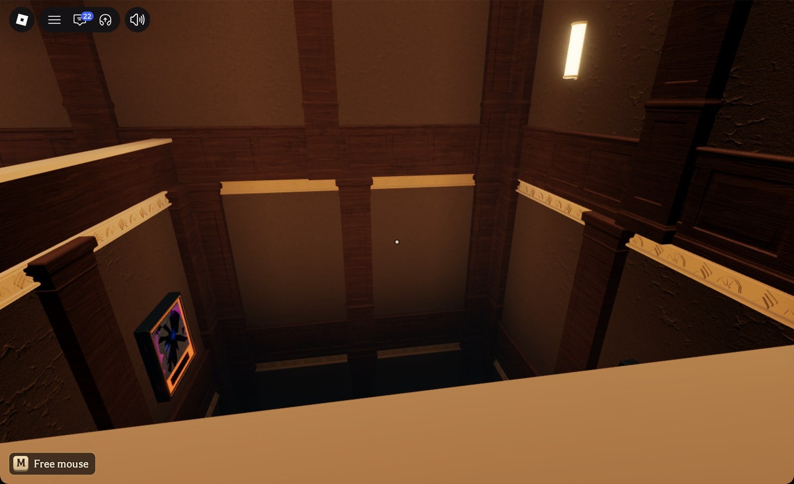 First-person view over the balcony rail just outside the Floor 1 sparkle doorway, a lower floor below
