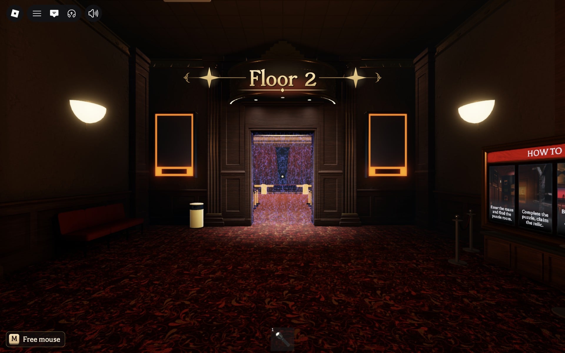 Floor 2 title at the top of the screen in The Hollow, facing the safe room doorway between two orange poster frames