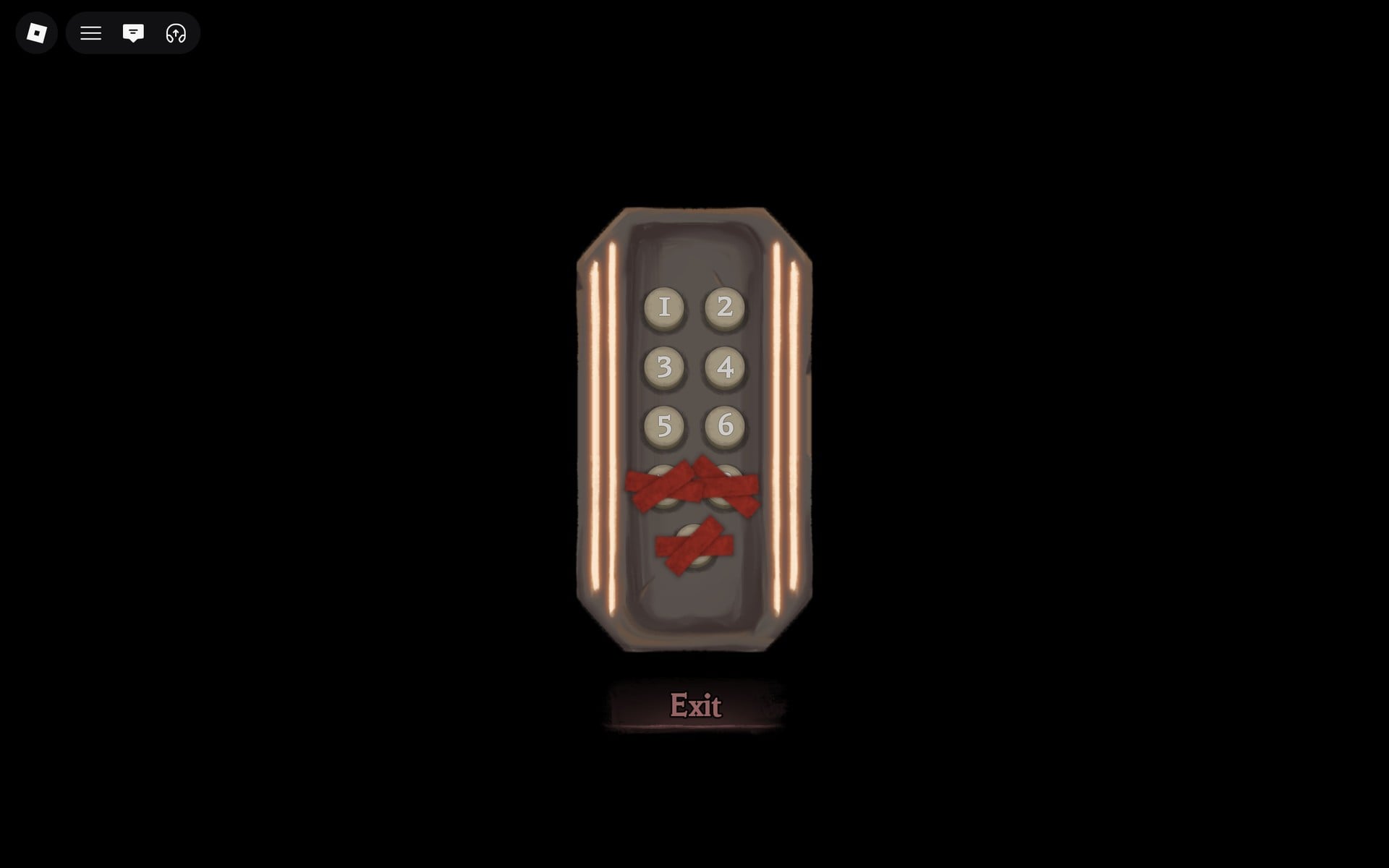 The Hollow elevator panel with buttons 1 to 6 open, 7 to 9 taped over in red, and an Exit button