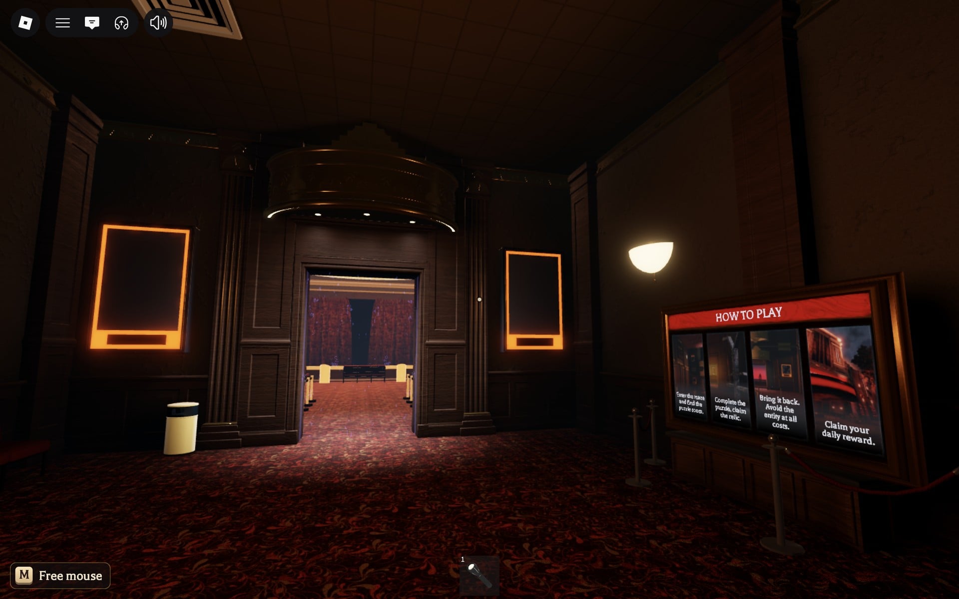 Floor 2 safe room with the sparkle doorway under an arc of lights, orange poster frames and the HOW TO PLAY board