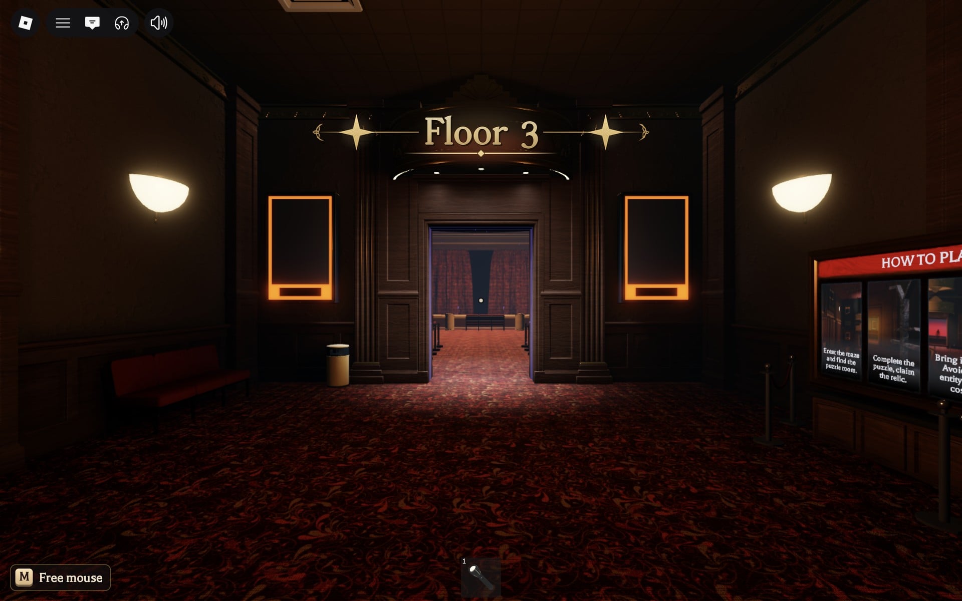 Floor 3 title at the top of the screen in The Hollow, facing the safe room doorway with orange poster frames and the HOW TO PLAY board