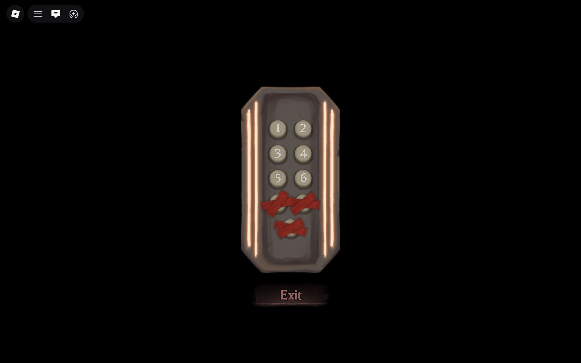 The Hollow elevator panel with buttons 1 to 6 open, 7 to 9 taped over in red, and an Exit button