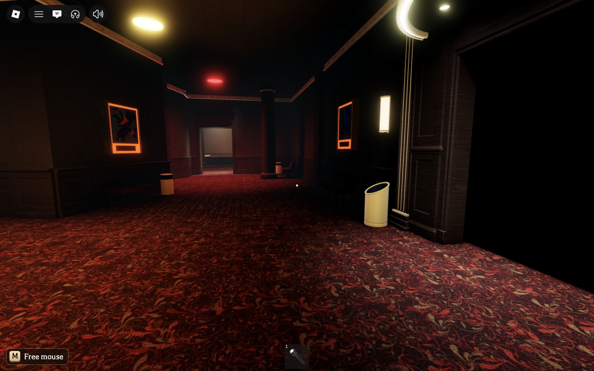 A dark Floor 3 maze hall with a red lamp over a far doorway