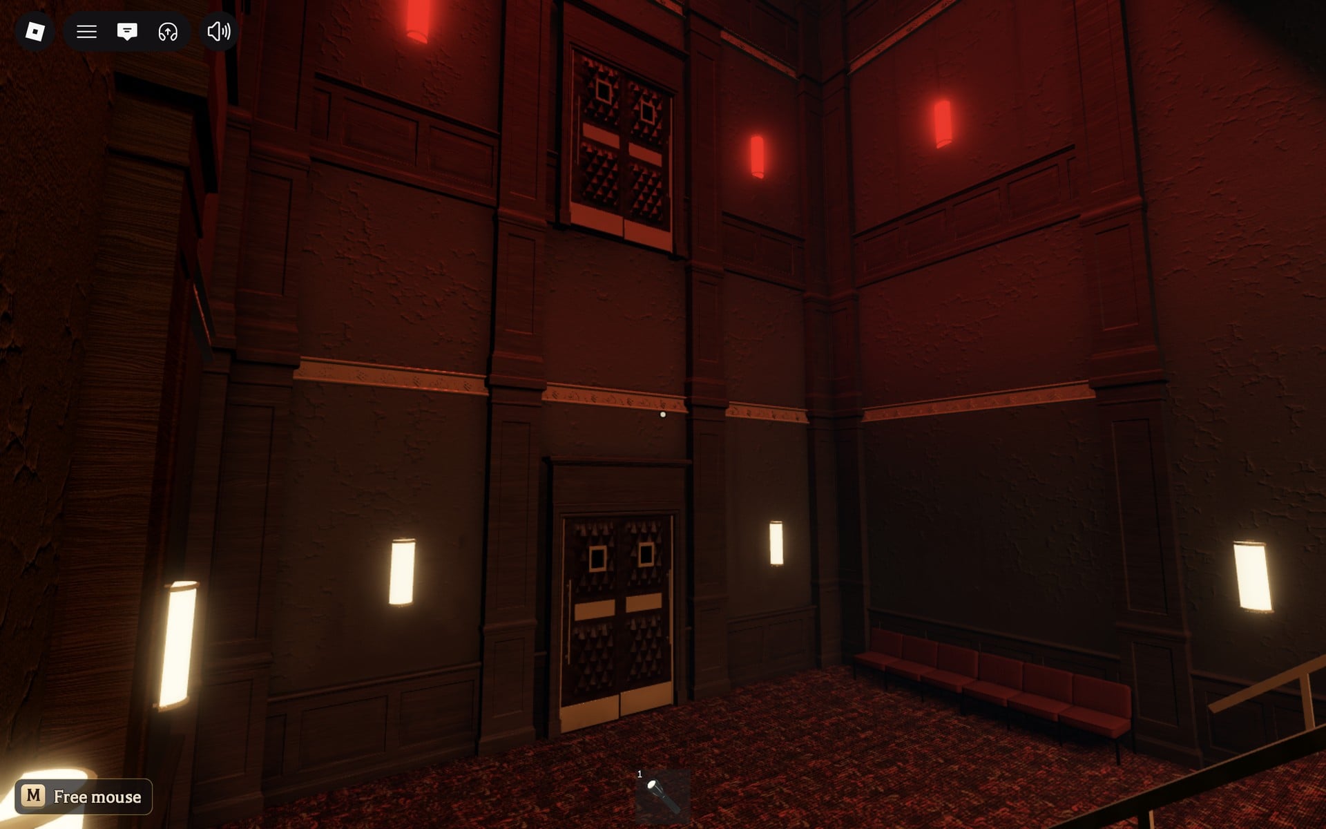 The tall red-lit stairwell hall on Floor 3 with double doors at the bottom