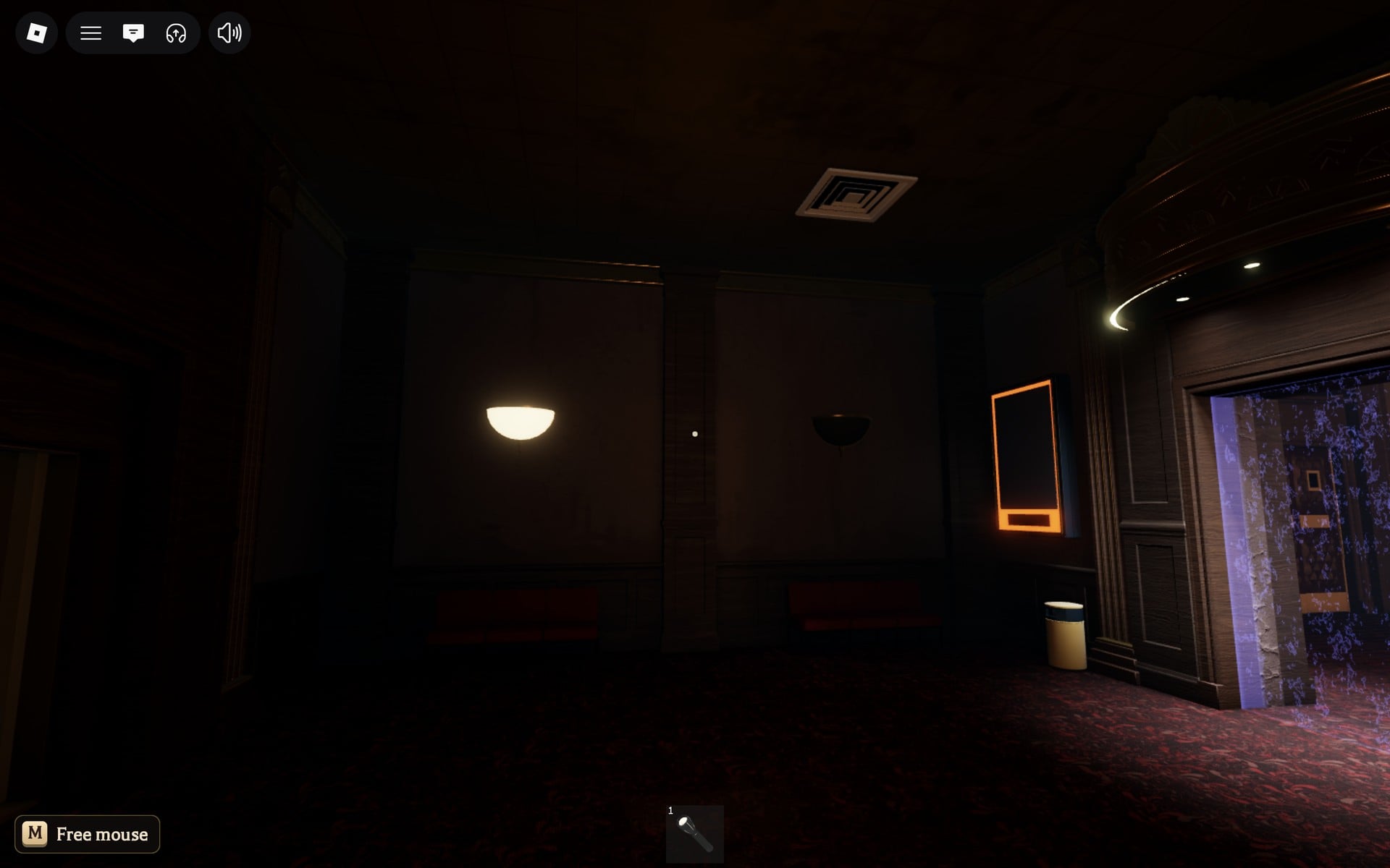Dark Floor 4 hall just outside the safe room, the sparkle doorway under its arc of lights on the right