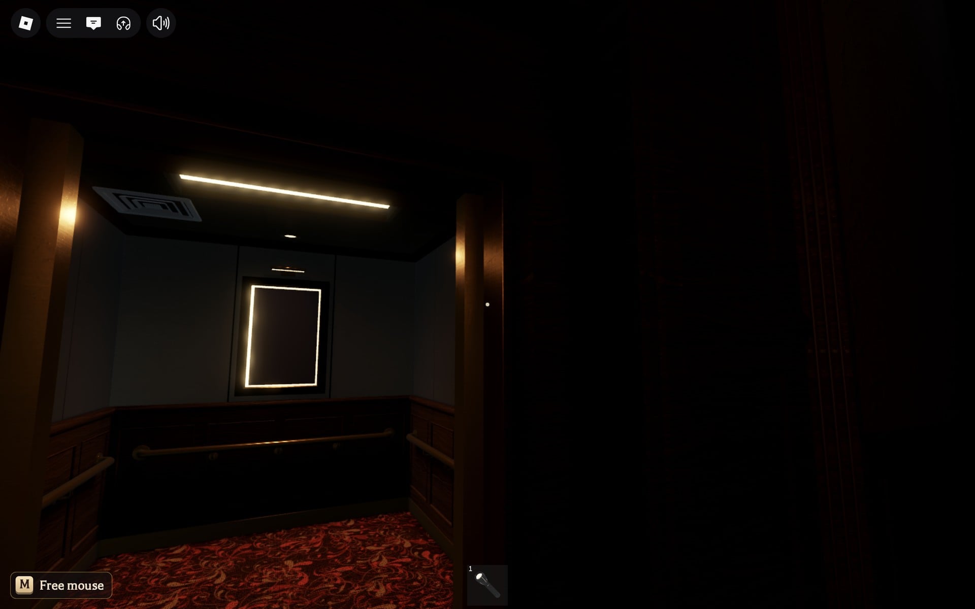 The lit elevator car seen from the dark Floor 4 safe room, a white-framed panel on its back wall