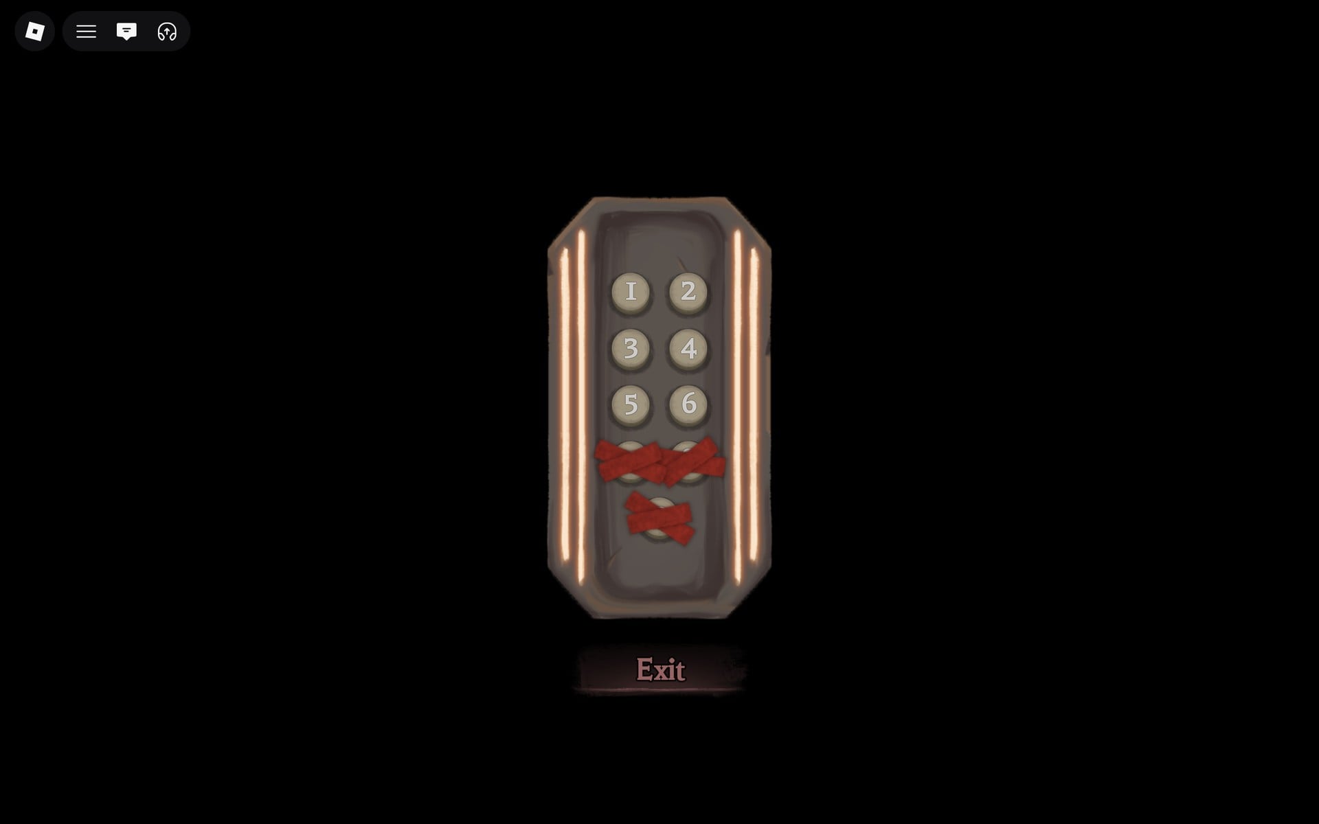 The Hollow elevator panel with buttons 1 to 6 open and 7 to 9 taped over, Exit below
