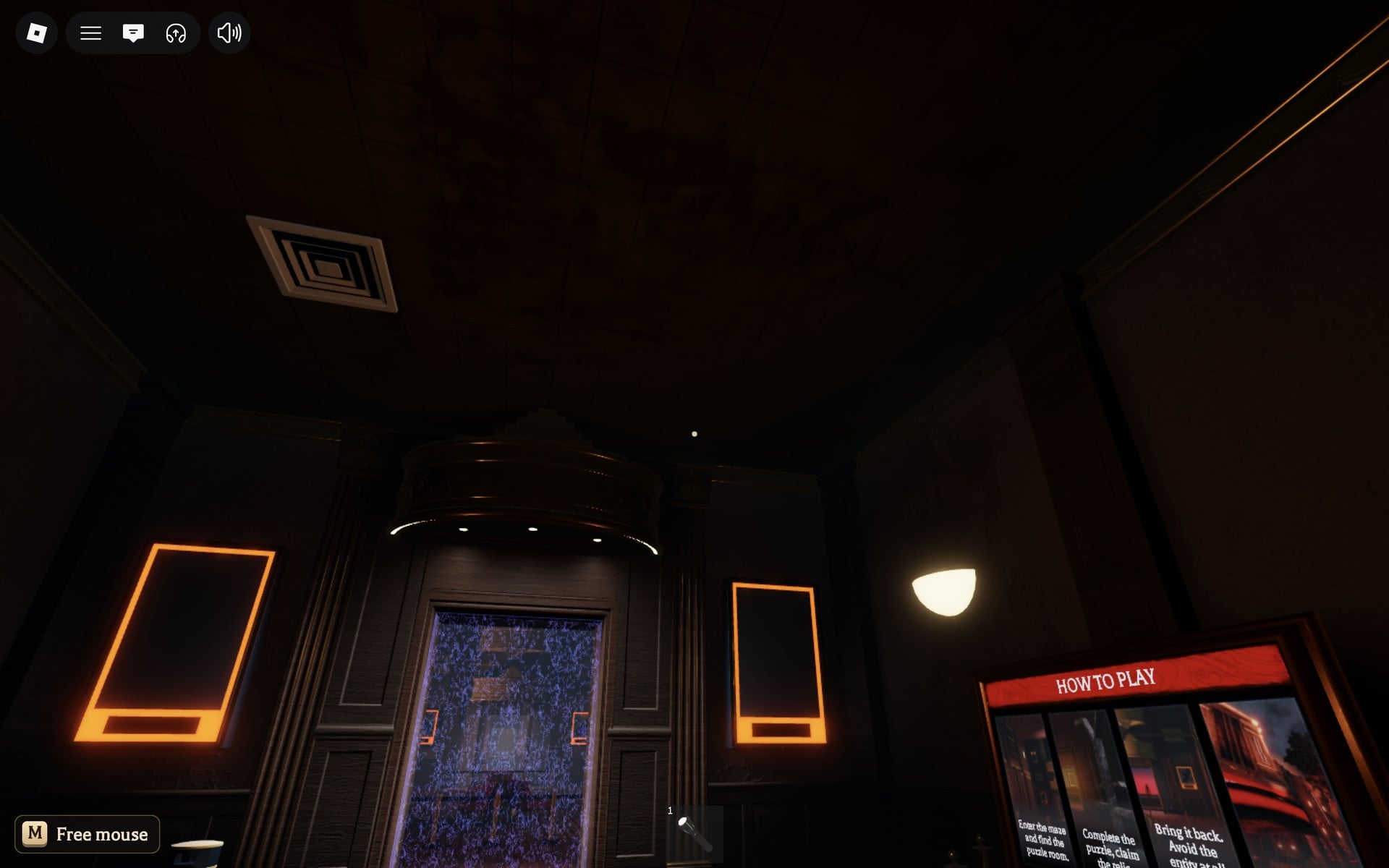 First-person view on arrival in the Floor 4 safe room, facing the sparkle doorway with the HOW TO PLAY board on the right