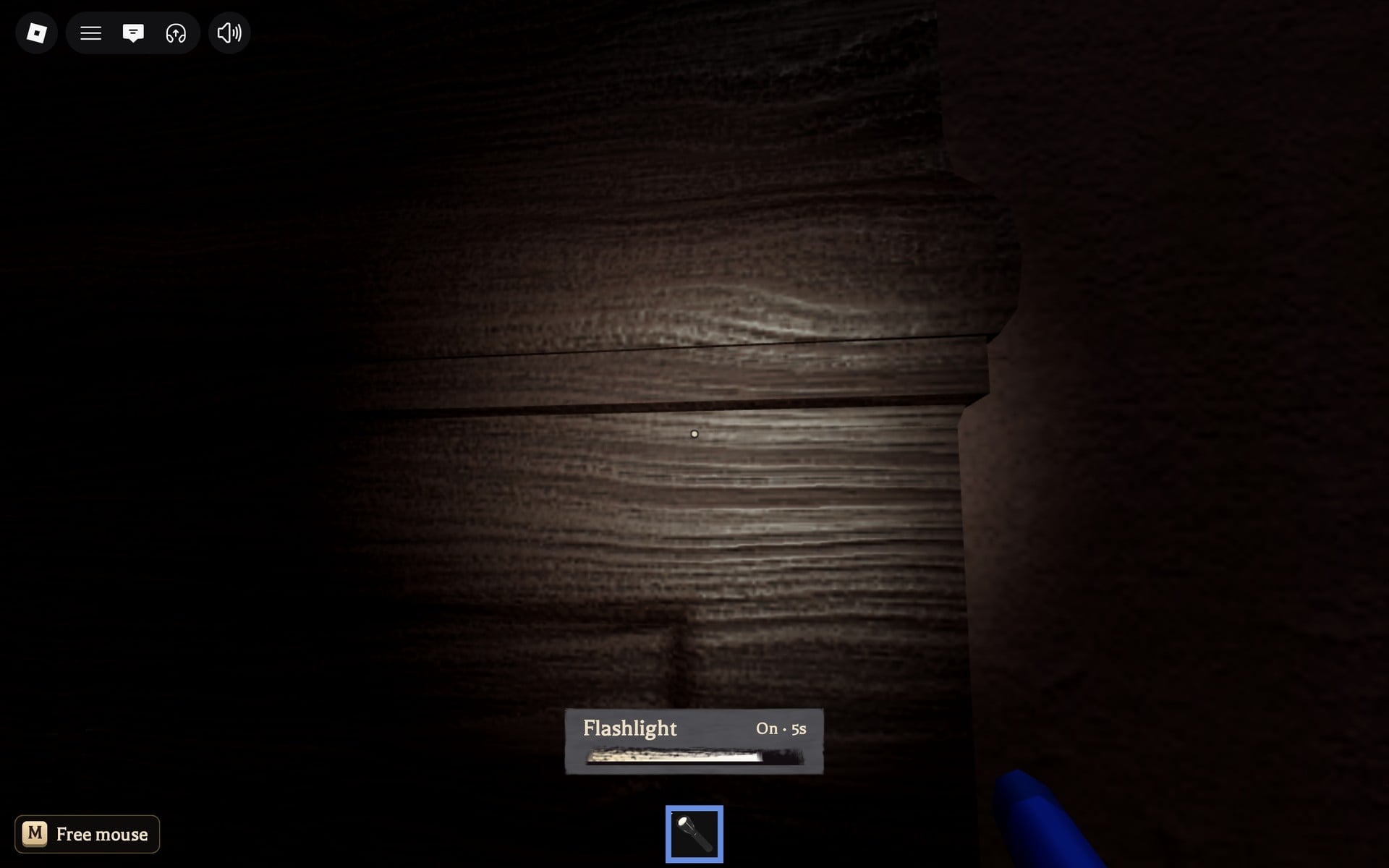 Flashlight beam making a pale circle on a dark wooden wall just past the Floor 6 doorway, the bar reading On