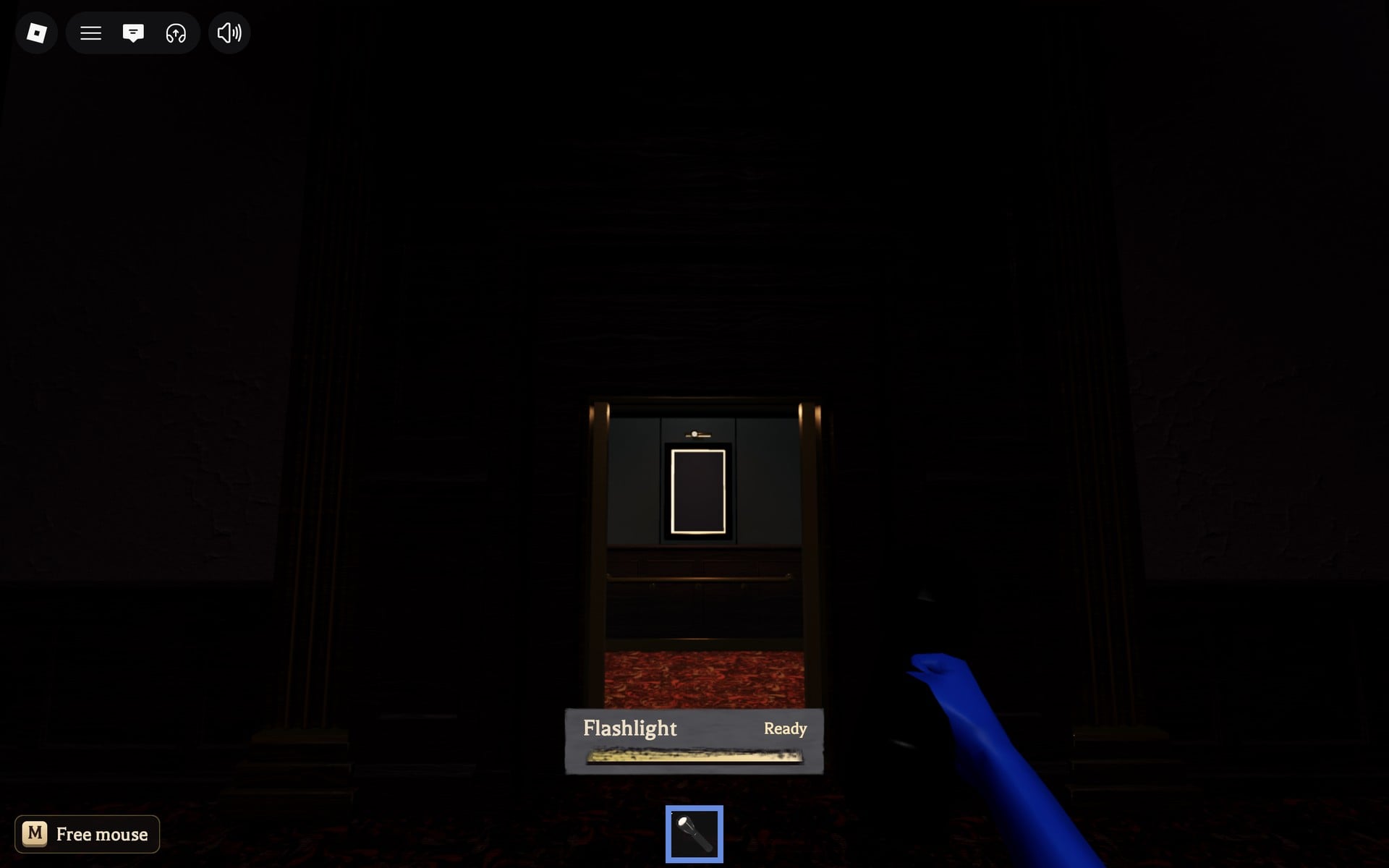 First-person view holding the Flashlight in the Floor 6 safe room, the Flashlight bar reading Ready above hotbar slot 1