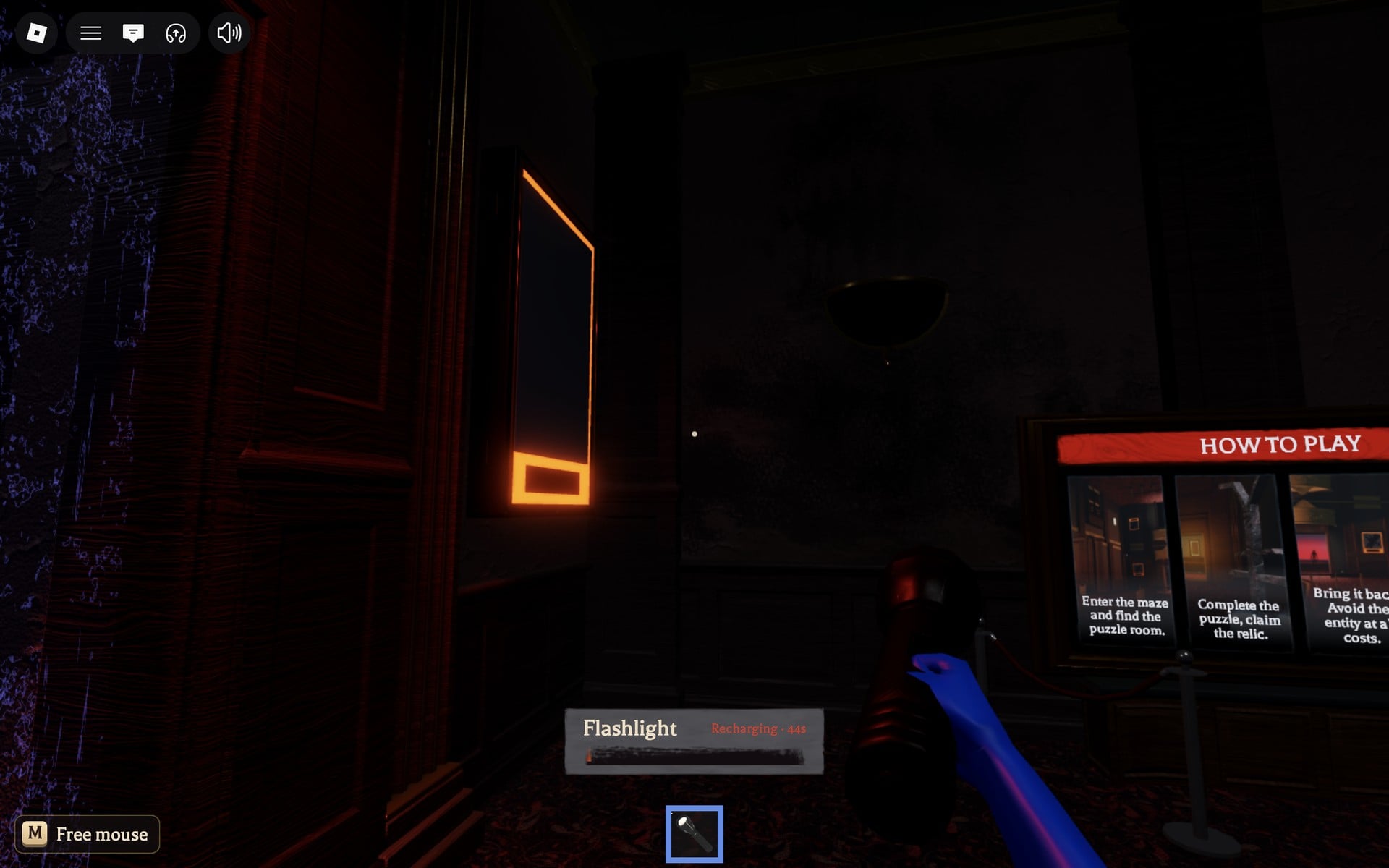 Flashlight bar reading Recharging in the Floor 6 safe room next to the HOW TO PLAY board