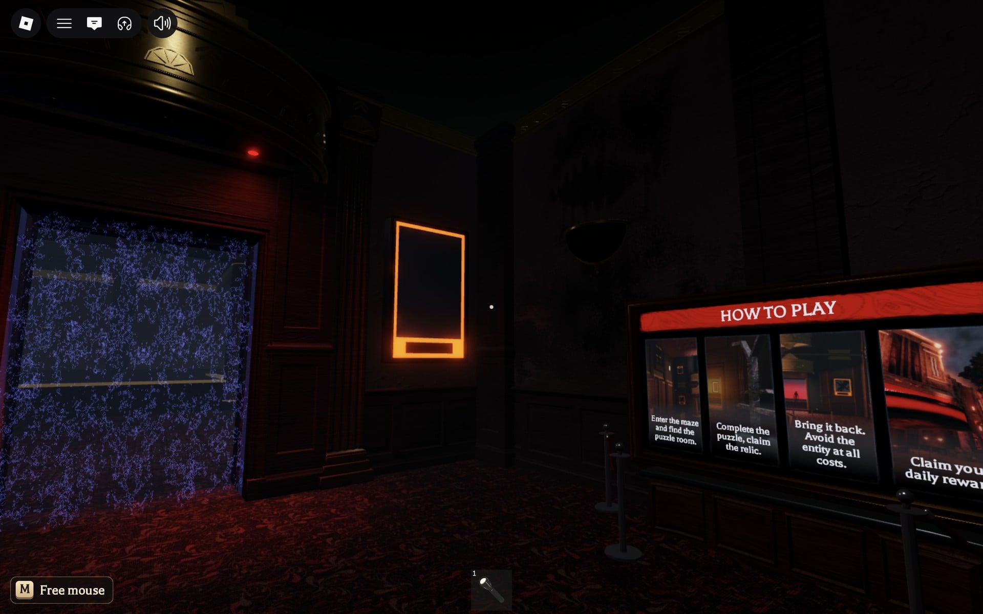 HOW TO PLAY board with four panels in the Floor 6 safe room beside the sparkle-curtain doorway