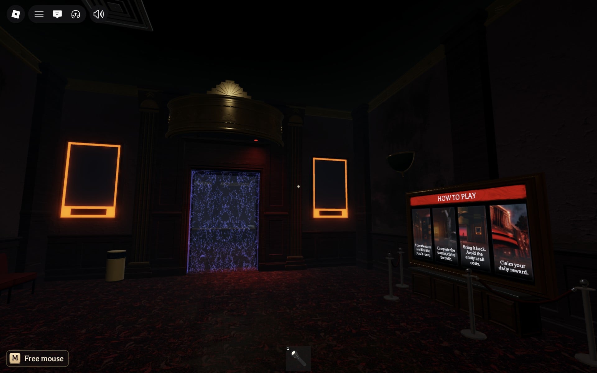 Floor 6 safe room with a dark doorway filled with a blue-purple sparkling curtain between two orange poster frames, HOW TO PLAY board at the right