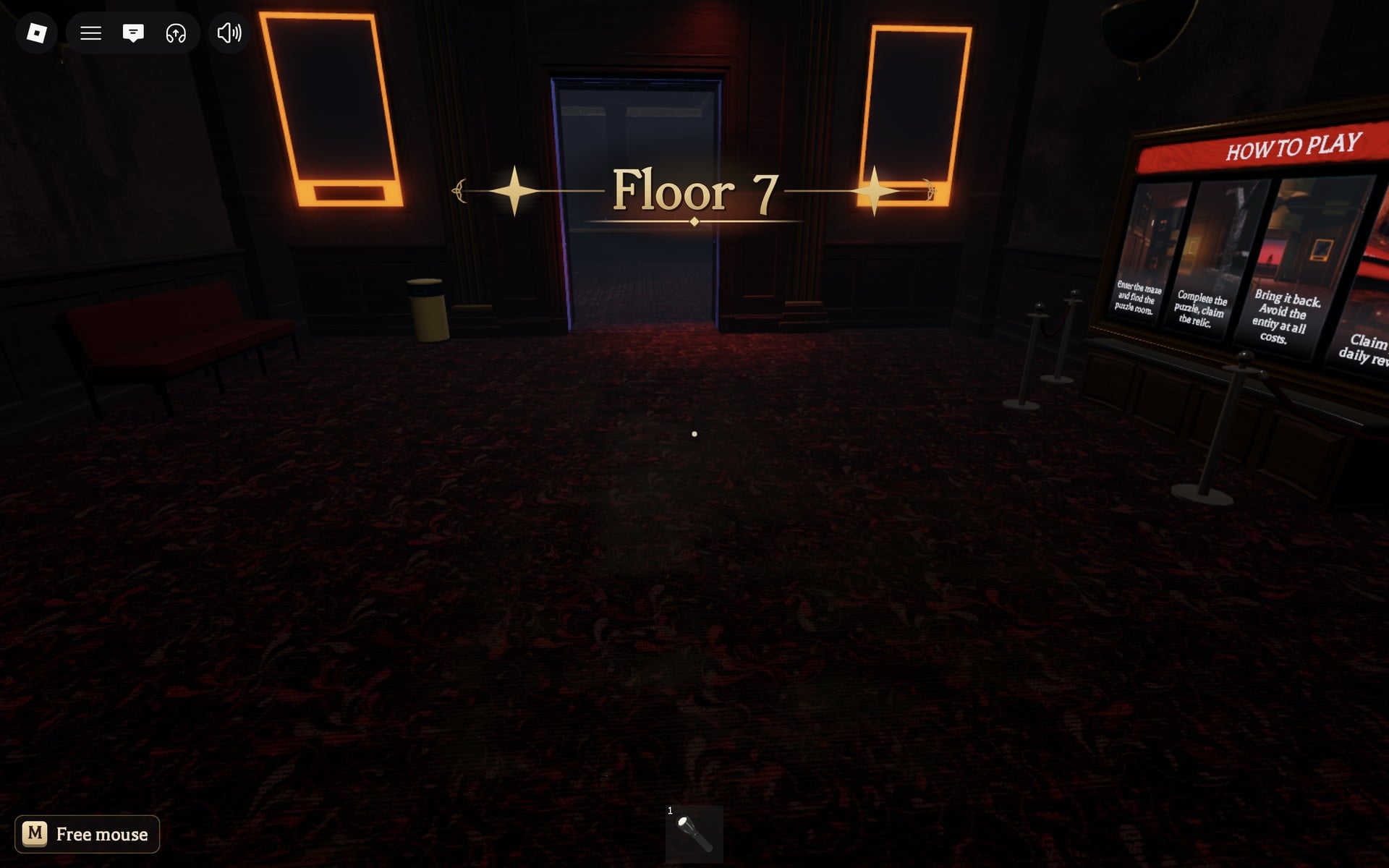 Floor 7 title over the safe room, with the purple sparkle doorway ahead and the HOW TO PLAY board at the right