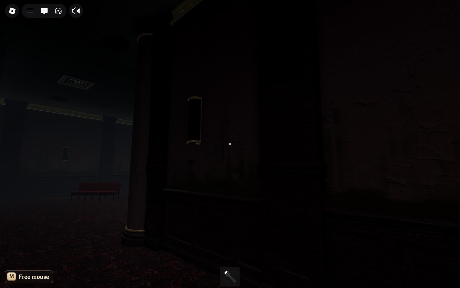 A dark Floor 7 maze hall in The Hollow with a pillar and a red bench