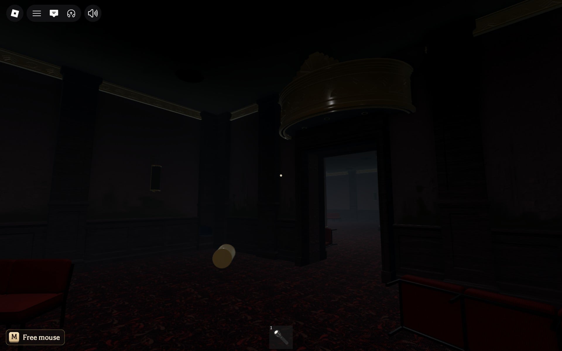 Dark Floor 7 hall in The Hollow with a gold canopy over the doorway back to the safe room