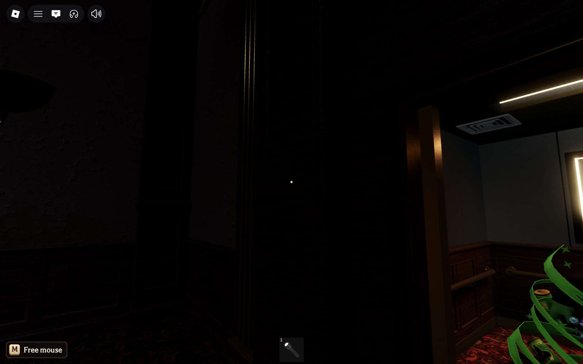 The lit elevator car seen from the dark Floor 7 safe room, with a white light strip in its ceiling