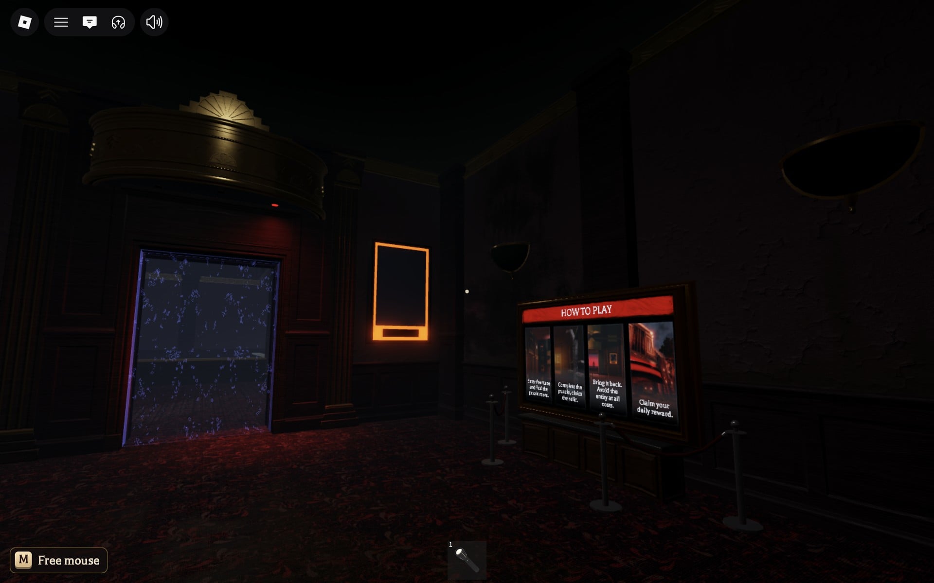 The purple sparkle doorway and the HOW TO PLAY board in the Floor 7 safe room of The Hollow