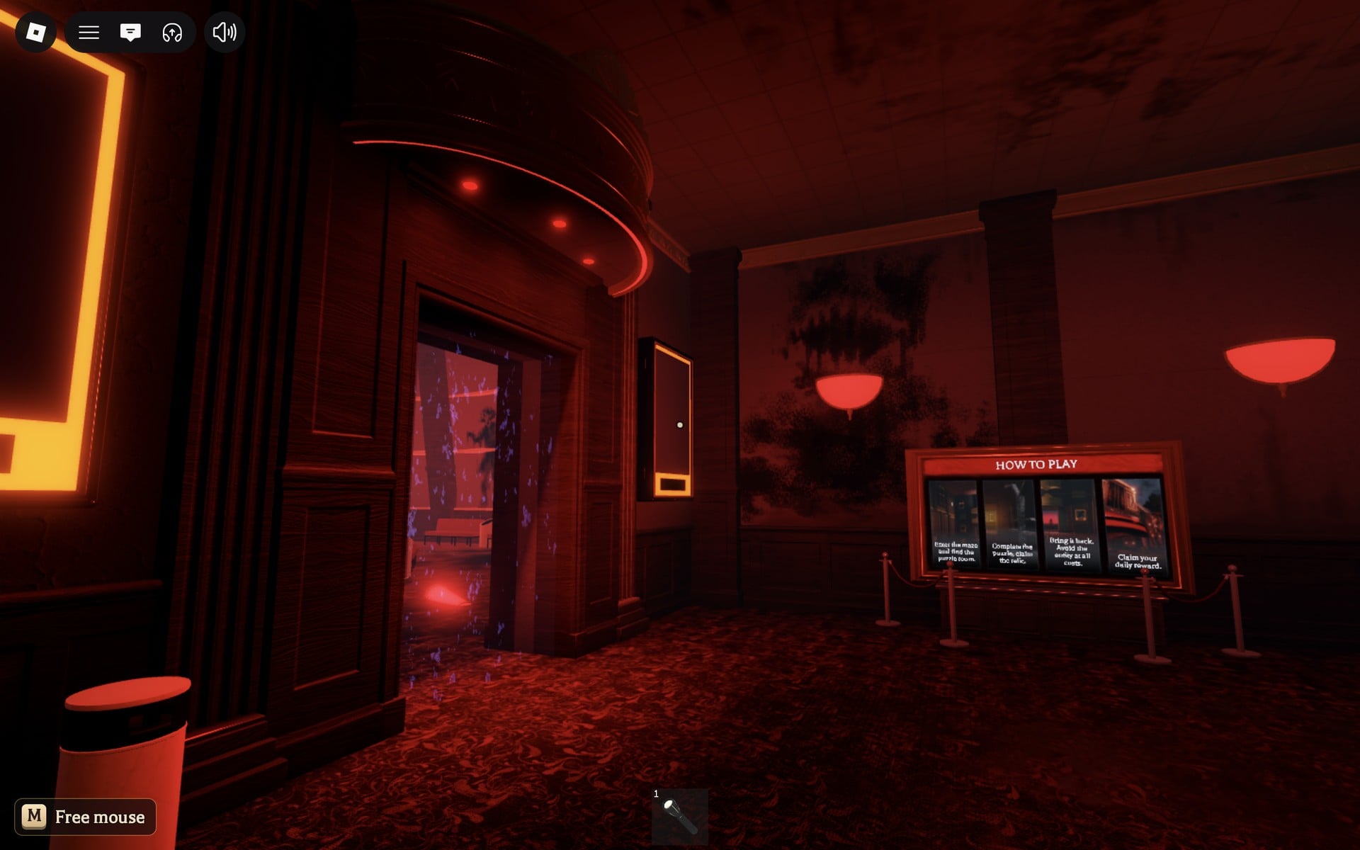 The Floor 8 safe room doorway under a curved canopy with small red lights, seen from the side with the HOW TO PLAY board