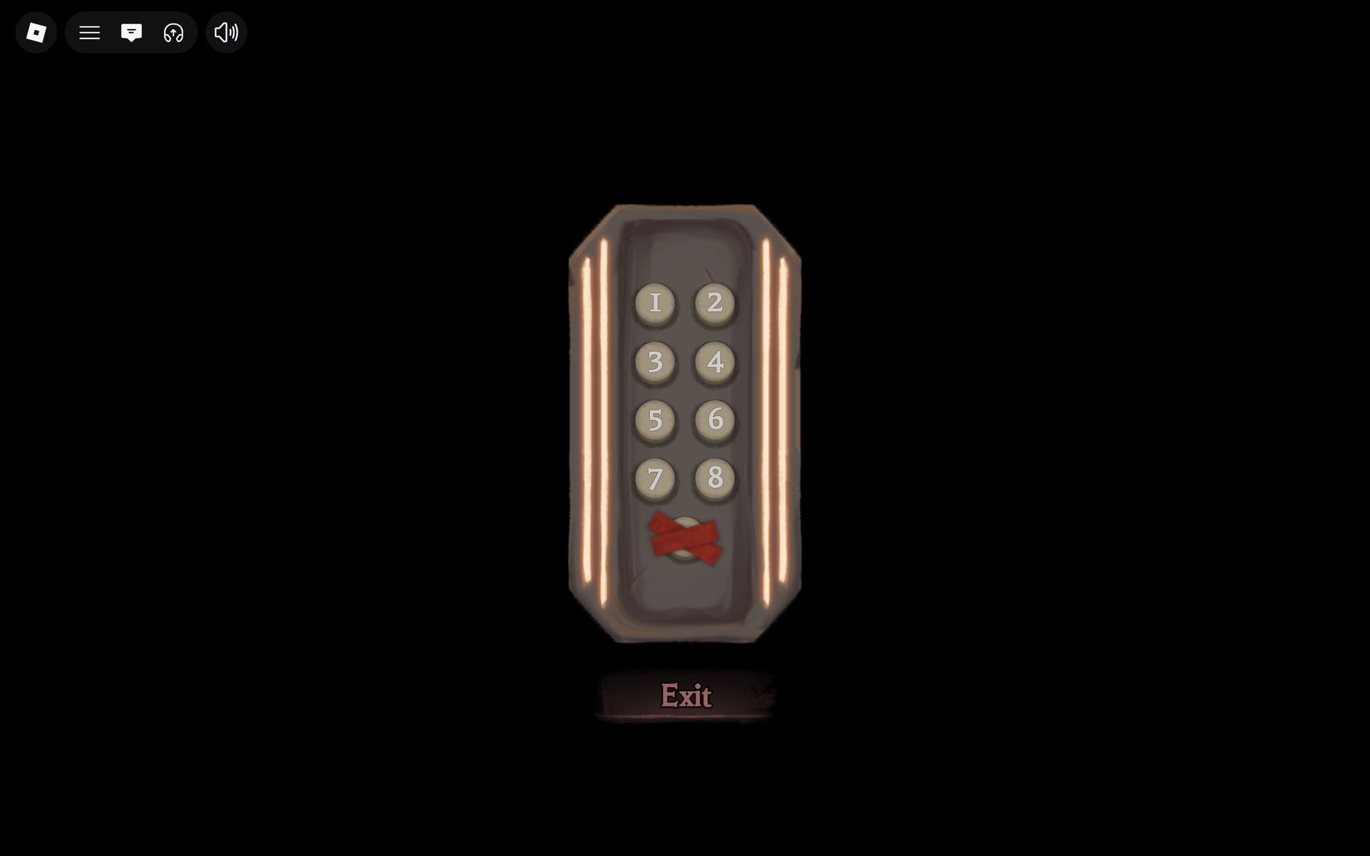 The Hollow elevator panel on 30 October with buttons 1 to 8 open and the 9th button taped over, Exit below