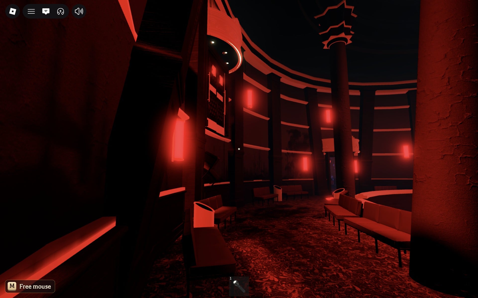 The red round hall outside the Floor 8 safe room in The Hollow, with tall pillars and rows of red benches
