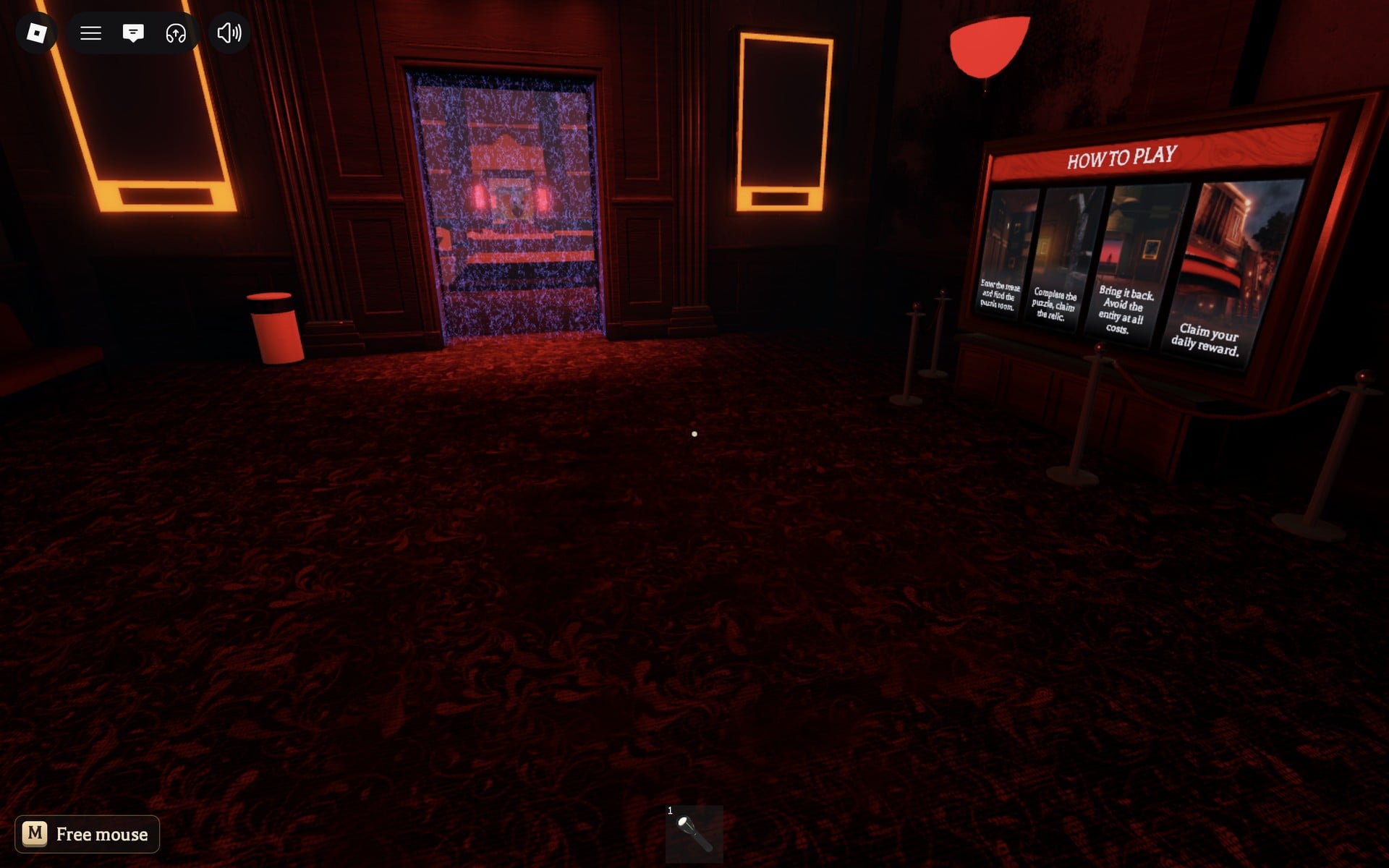 The red Floor 8 safe room in The Hollow with the canopy doorway ahead, orange poster frames on each side and the HOW TO PLAY board at the right