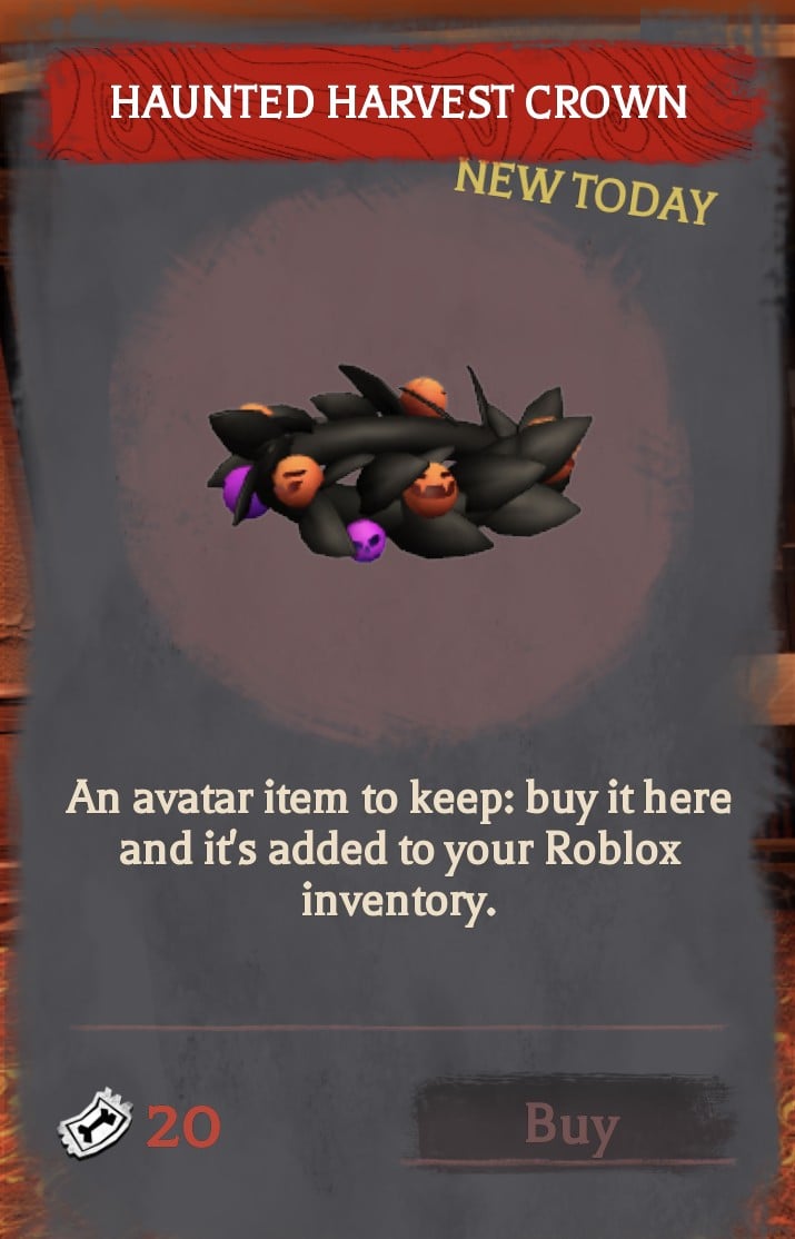 Haunted Harvest Crown recorded The Hollow Ticket price Haunted Harvest Crown avatar reward card in The Hollow showing a 20 Ticket price