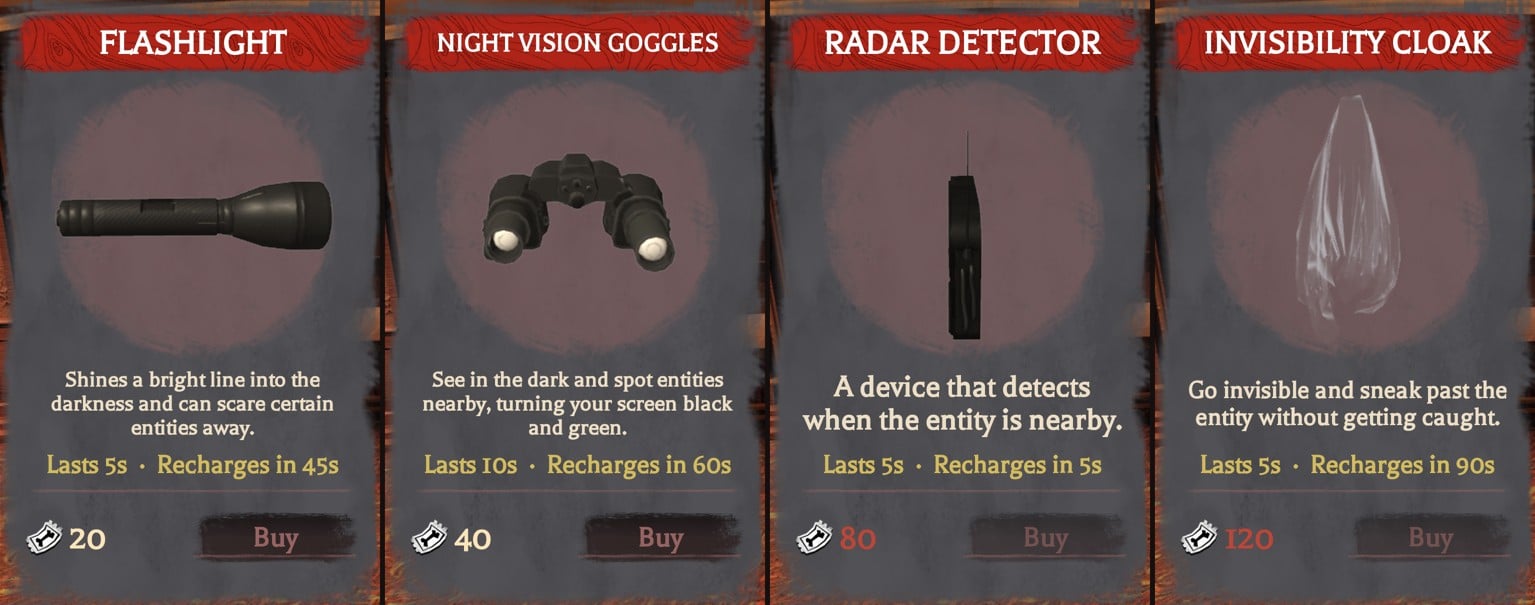 The Hollow utility tool ticket prices The Hollow shop cards for Flashlight, Night Vision Goggles, Radar Detector and Invisibility Cloak with ticket prices