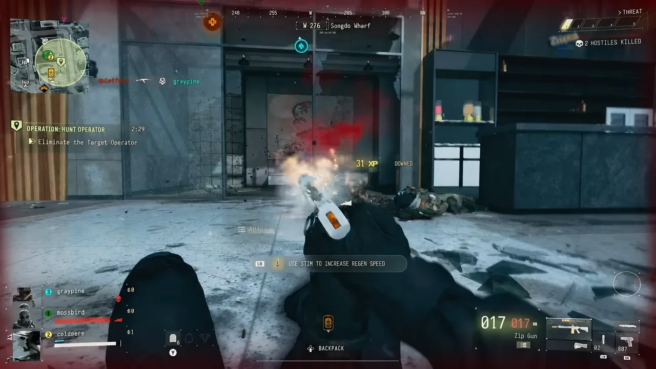 Player firing a sidearm during a firefight while a Stim prompt shows on the HUD