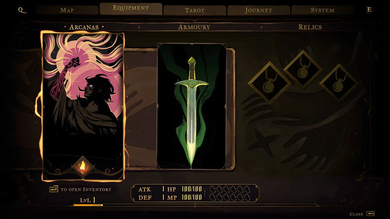 Equipment screen with the Arcanas tab open and an Arcana card highlighted beside Rose's level 1 stats