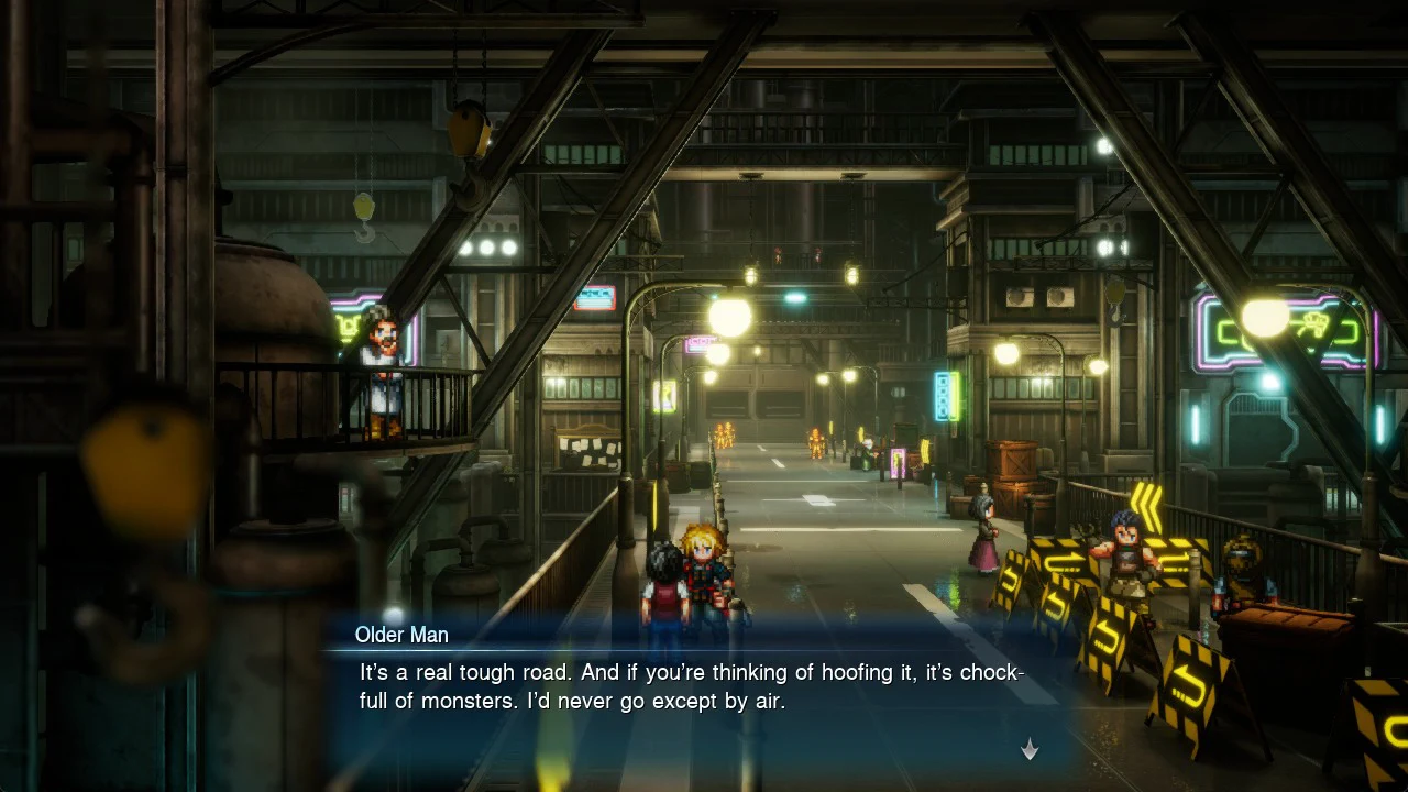 Older Man dialogue warning the party about monsters on the road and saying he only travels by air