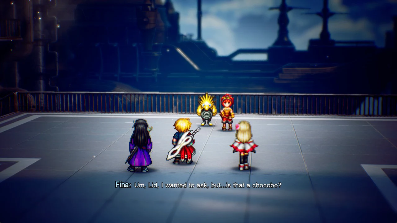 Fina asking Lid whether her yellow companion is a chocobo as the party faces them