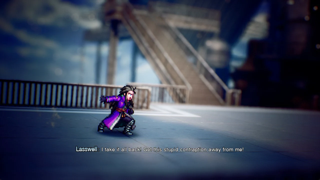 Lasswell moving across the shipyard platform, telling Lid to get the contraption away from him