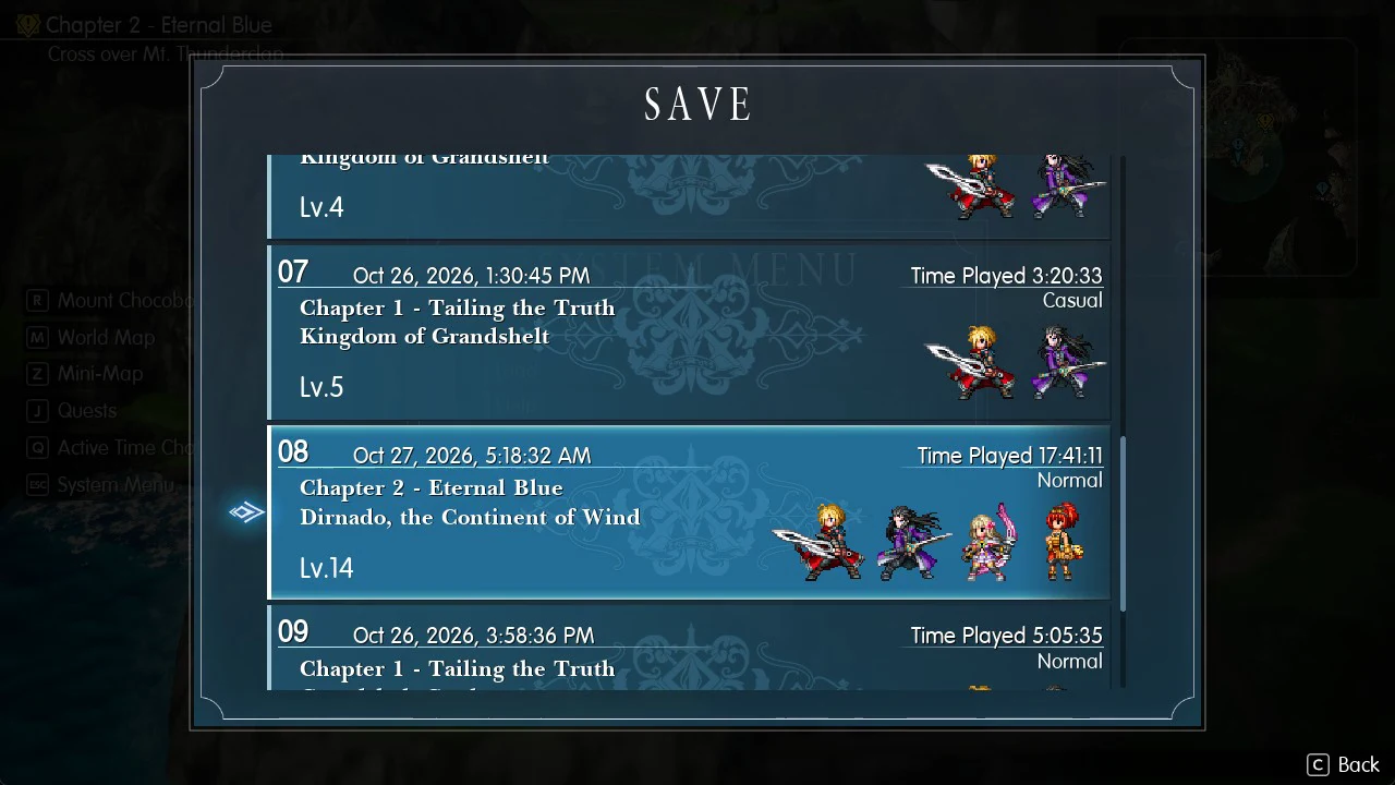 Save screen with a Chapter 2 - Eternal Blue slot highlighted after Lid joins