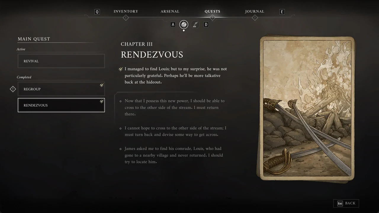 Quests screen showing completed Chapter III Rendezvous with its stage lines and card art