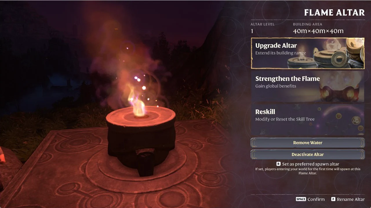 Enshrouded Flame Altar menu with Upgrade Altar highlighted above the Remove Water and Deactivate Altar buttons